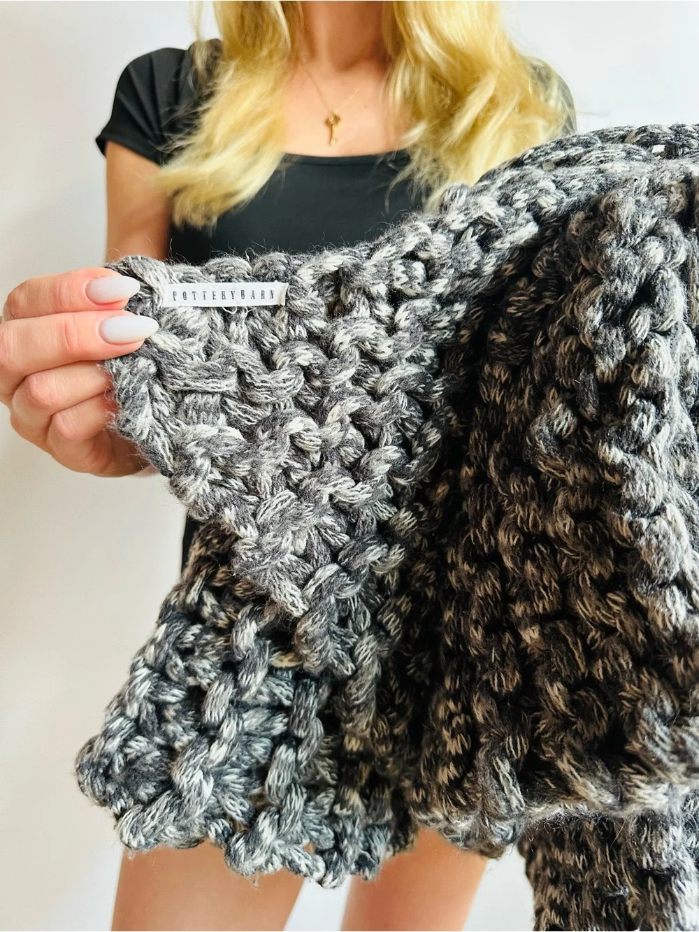 Pottery Barn Colossal Cable Knit Throw Blanket Gray Marl Twin Size 75x65 Boho